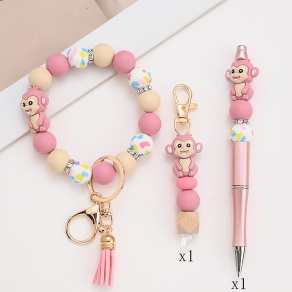 NWT Fox Or Monkey Bead Bracelet Keychain Set - Fox Orange, Monkey Pink Or Brown - Picture 2 of 3